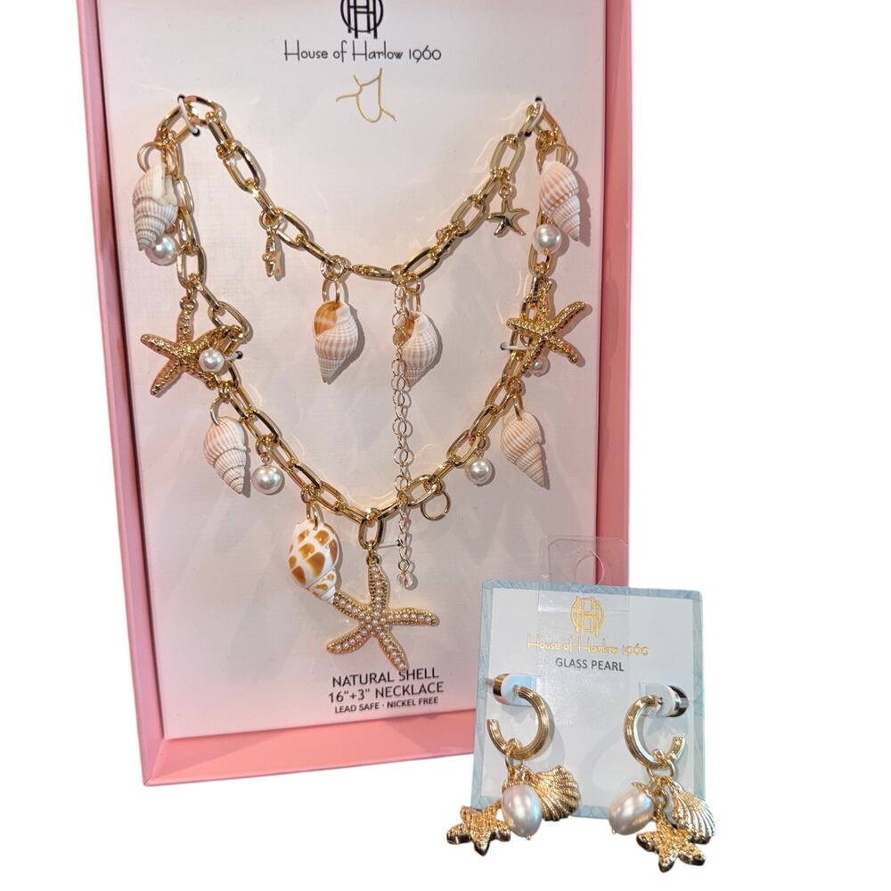 House of Harlow 1960 Natural Shell Charm Necklace & Glass Pearl Earring Set NWT